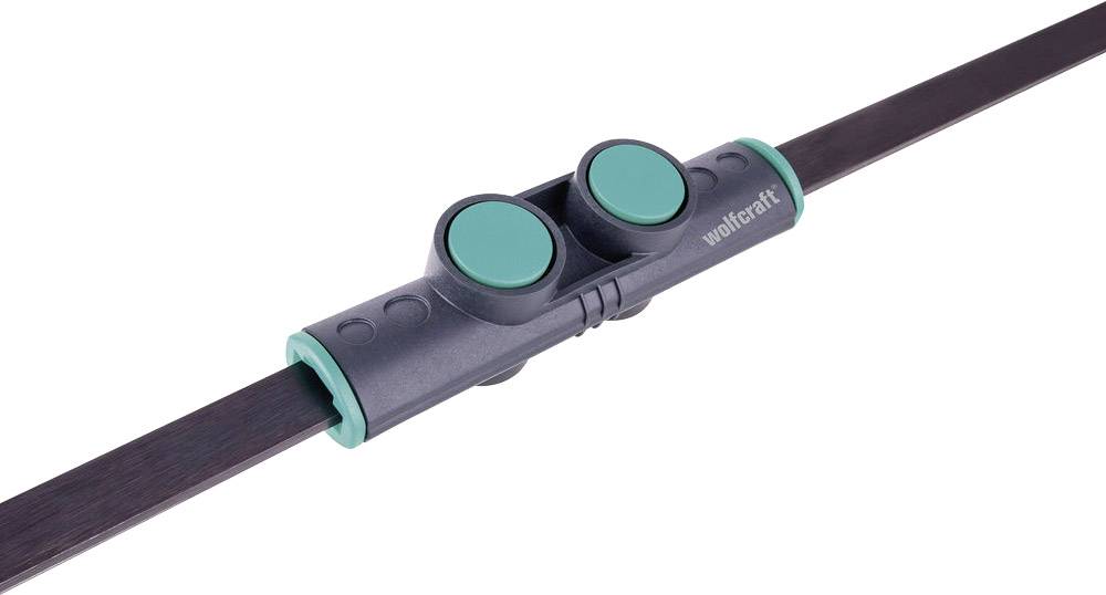 A black tension clip with two green buttons for connecting two flat straps, used for tensioning or securing.