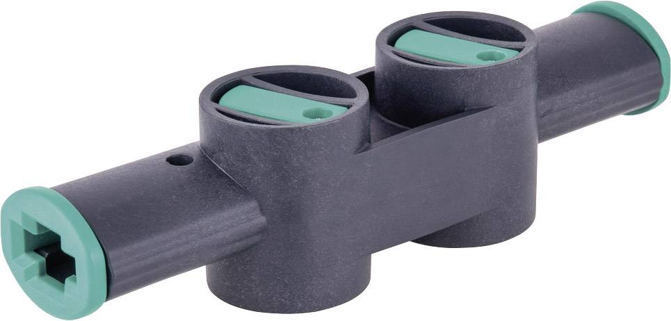 A plastic T-piece used as a connecting element in a piping system. It has green end caps.