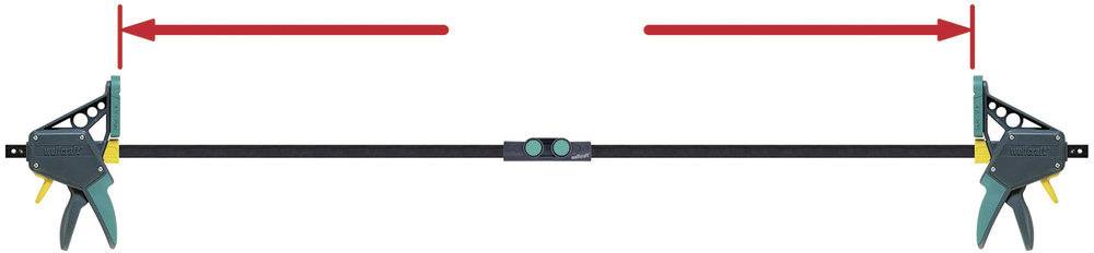 Two clamps with long handles grip a piece in the middle. Red arrows indicate the adjustment range.
