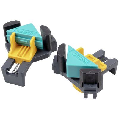 Two triangular, colourful plastic clamps used for fixing or adjusting material parts.