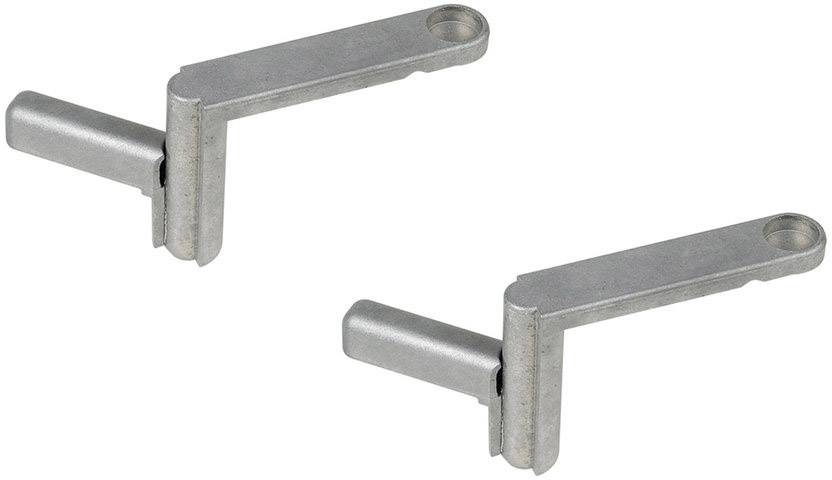 'Two metal angles with cylindrical extensions lying parallel to each other. They are made of silver-coloured metal.'