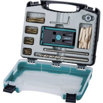 Opened toolbox with wooden drill bit, screws, wall plugs and accessories, neatly sorted in compartments.