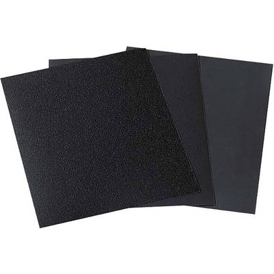 Three black sheets of sandpaper in different grits are layered on top of each other.