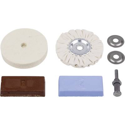 Polishing set with felt disc, fabric disc, two metal discs, brown and blue polishing paste, along with screws and nuts.