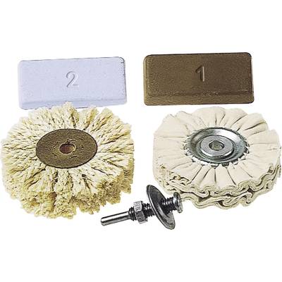 Two polishing pads with accompanying axle and two differently coloured polishing pastes, labelled '1' and '2'.
