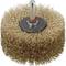 A round wire brush with brass bristles and a metal pin in the centre for mounting on an electric tool, suitable for deburring.