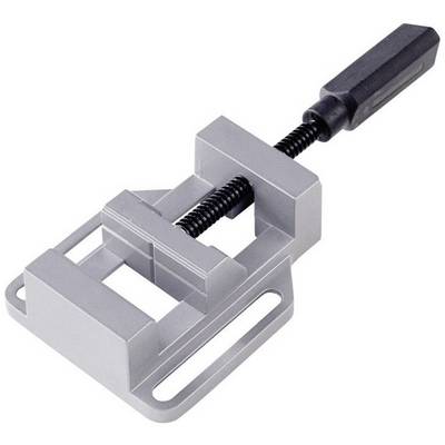 Grey metal vice on a white background. An adjustment crank is visible. A tool for securing objects.