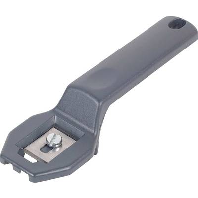 A grey plastic tile cutter with a blade in the centre, used for cutting tiles along marked lines.