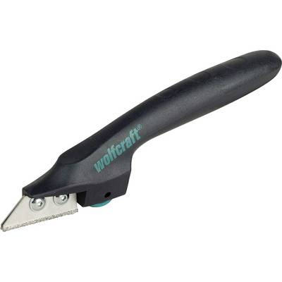 A black grout scraper with an ergonomic handle and metal blade, useful for removing grout material between tiles.