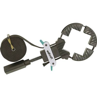 Clamp with strap and four corner jaws, for holding frames together during gluing. Suitable for woodworking and DIY projects.