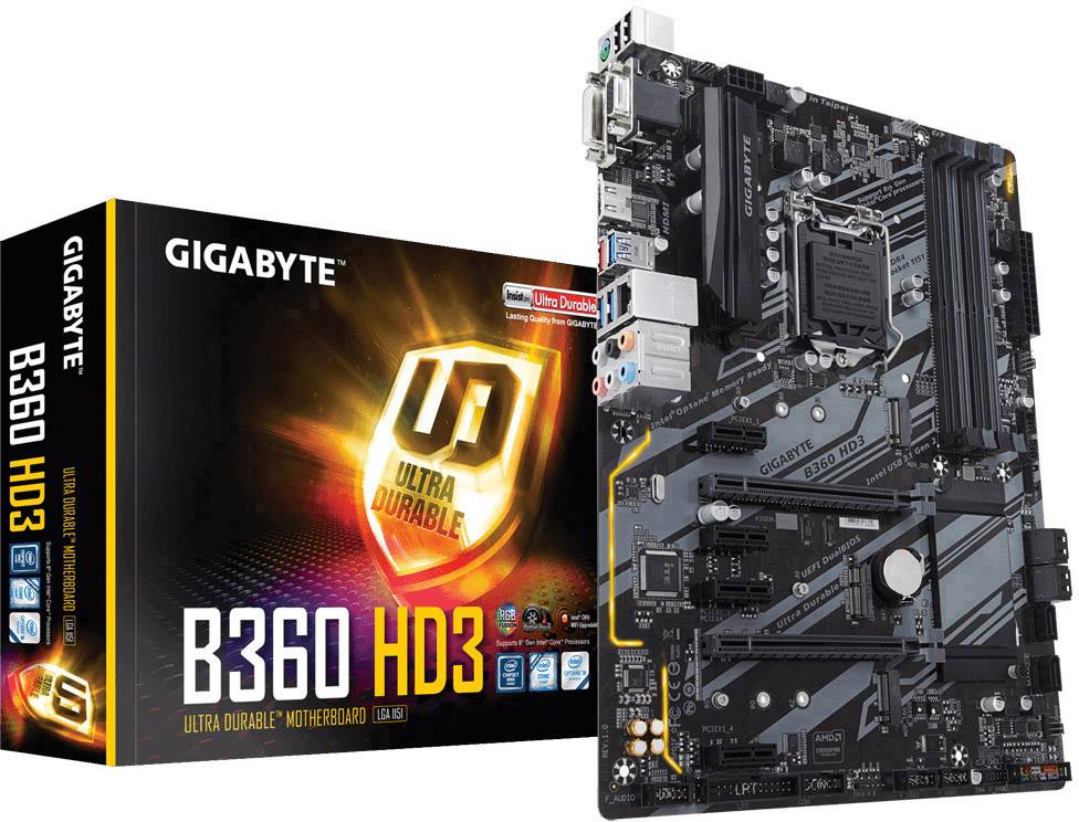 Gigabyte B360 HD3 Motherboard PC base Intel® 1151 Form factor (details) ATX  Motherboard chipset Intel® B360 Express 