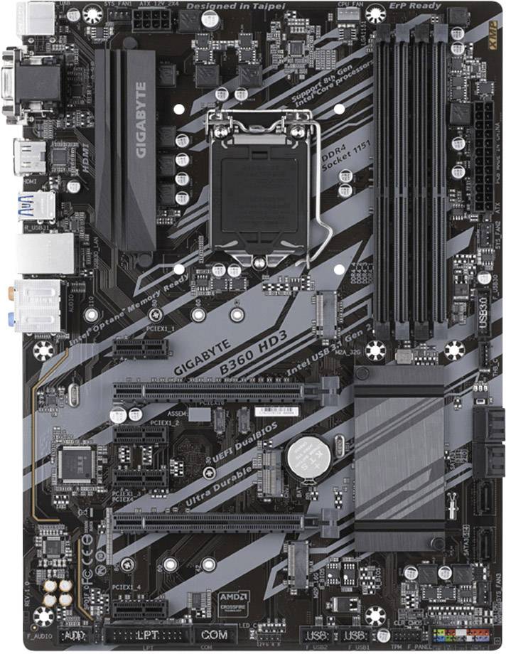 Gigabyte B360 HD3 Motherboard PC base Intel® 1151 Form factor (details) ATX  Motherboard chipset Intel® B360 Express 