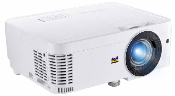 A white projector with a luminous lens. The device is suitable for presentations or film screenings.