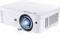 A white multimedia projector with illuminated lens. Suitable for presentations or home cinema applications.