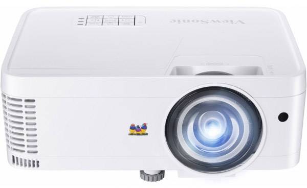 A white projector with an illuminated lens, suitable for presentations and home cinema, with multiple connection options.