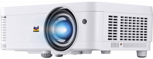 White projector with blue light switched on, suitable for presentations and home cinema. Ventilation slots on the side.