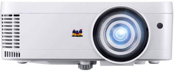 A white projector with a large lens at the front. On the left is a ventilation grille and a small logo featuring two colourful birds.