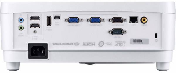 Back of a projector with various ports: HDMI, VGA, USB, Audio and Network. Power connection located at bottom left.