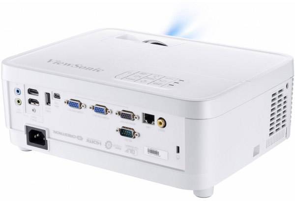 A white projector with various connection options such as HDMI, USB, and VGA on the back, ready for use.