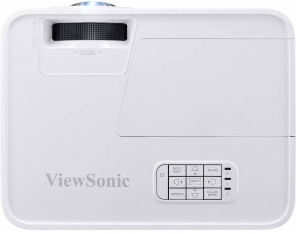 A white ViewSonic projector with control buttons and logo on the top surface.