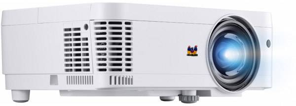 A white projector with a glowing lens in operation, displaying a company logo on the side.