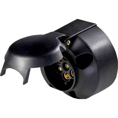 'Black trailer plug with removable cover and seven round pin connections.'