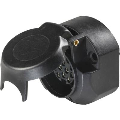 Black 13-pin trailer socket with open lid, made of plastic, showing the internal contact pins.
