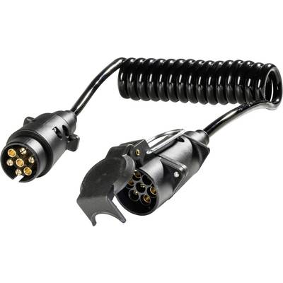 Spiral cable with two connectors, one with a closed flip lid and the other open, reveals the golden contacts inside.