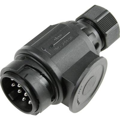 A black, round electrical plug with multiple connections and mounting elements, likely for industrial applications.