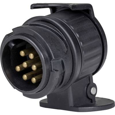 'Seven-pin trailer plug made of black plastic, with seven round metal contacts internally, side mounting bracket.'