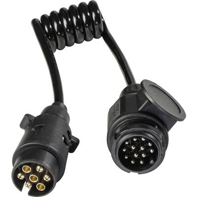 Spiral cable with a 7-pin plug, commonly used for car trailers. Shows connection and wiring details.