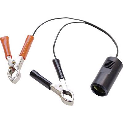 Battery terminals are connected with an adaptor cable. One terminal is red, the other black, and the cable terminates in a plug.