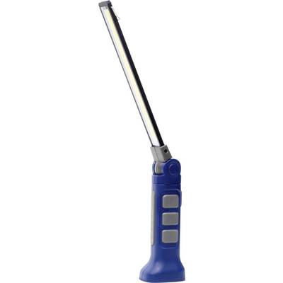 Blue, portable LED light with adjustable arm, standing in vertical position. Ideal for use in workshops or during outdoor activities.