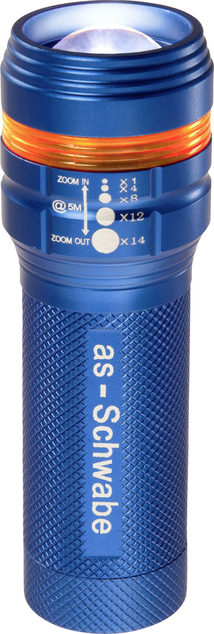 Blue LED torch with orange accent, zoom function and 'as-Schwabe' text on the handle. Perfect for outdoor activities.