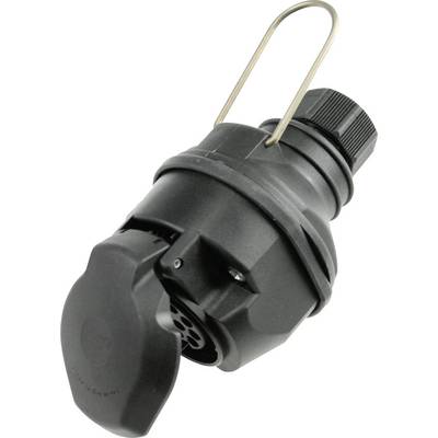 'Black electric plug with rubberised cover and metal bracket, suitable for robust outdoor applications.'