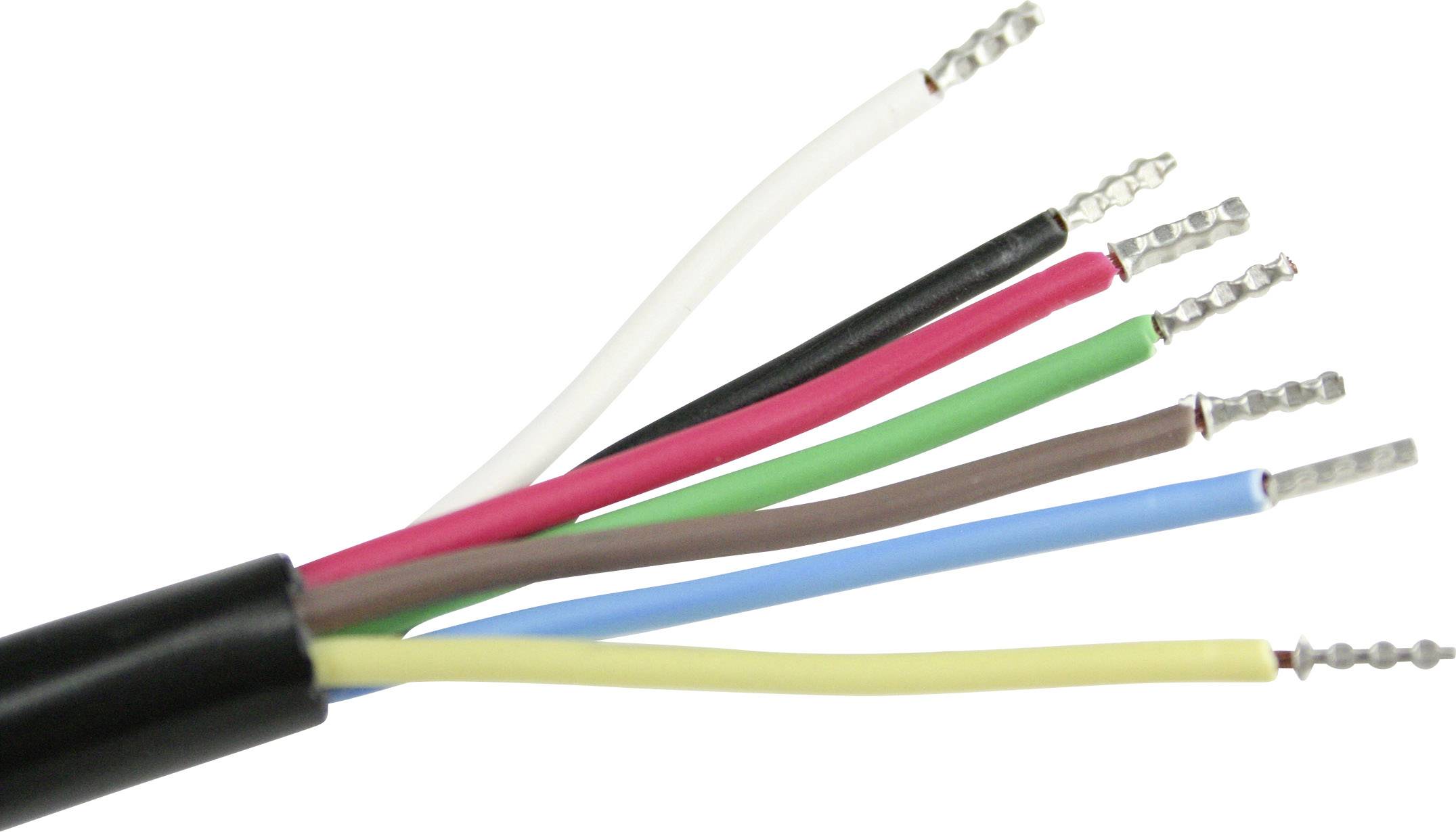 Multi-core cable with six coloured, stripped wires: white, red, black, green, brown, yellow.
