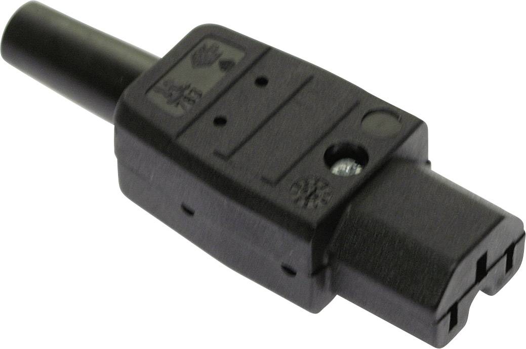 Black device plug with an elongated housing and cable entry point. Suitable for connecting to electronic devices.