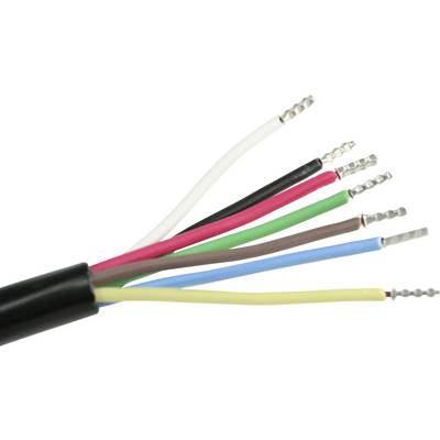 A multi-core cable with six differently coloured wires (white, red, black, green, brown, yellow) and stripped ends.