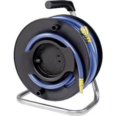 A black hose reel with a blue garden hose that is coiled up. The hose has gold-coloured fittings.
