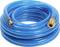 A blue garden hose, coiled and ready for watering. Two connectors at the ends. Ideal for garden maintenance.