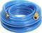 Blue garden hose with brass fittings, coiled up.