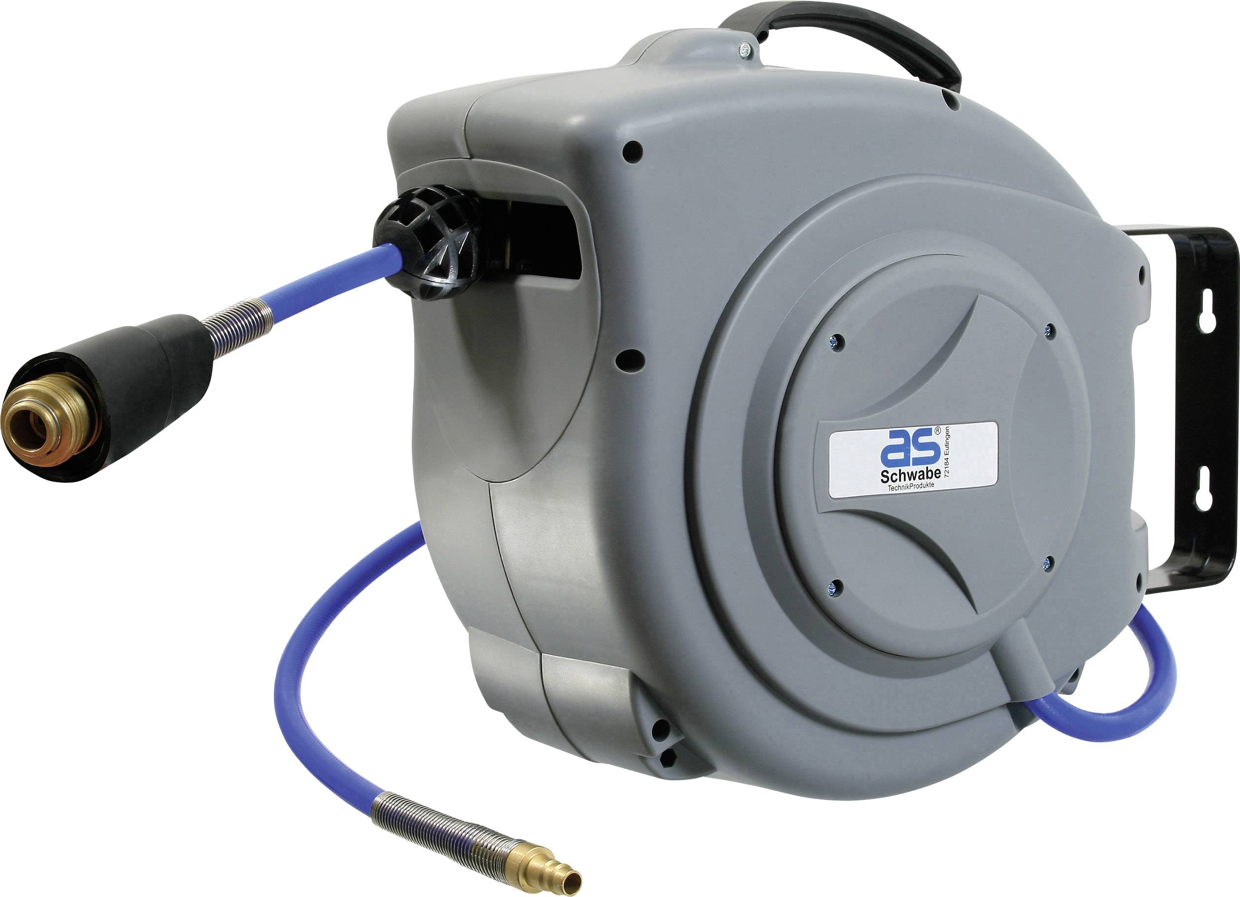 Automatic hose reel with grey housing, wall mounting bracket and blue hose. Suitable for workshop and home use.<br><br>Note: This translation preserves the original meaning and is already in British English, so no significant changes were required.