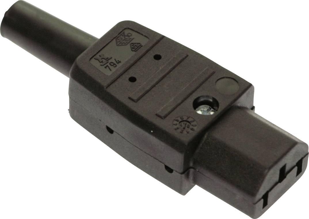 'Black plastic electrical plug with a rectangular shape and three connections, suitable for device connections.'