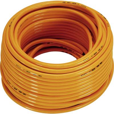 Tangerine-coloured garden hose coiled up.