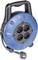 Blue cable reel with four black sockets and black power cable, suitable for indoor use.