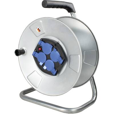A silver cable reel with four blue electrical sockets mounted on a sturdy metal frame.
