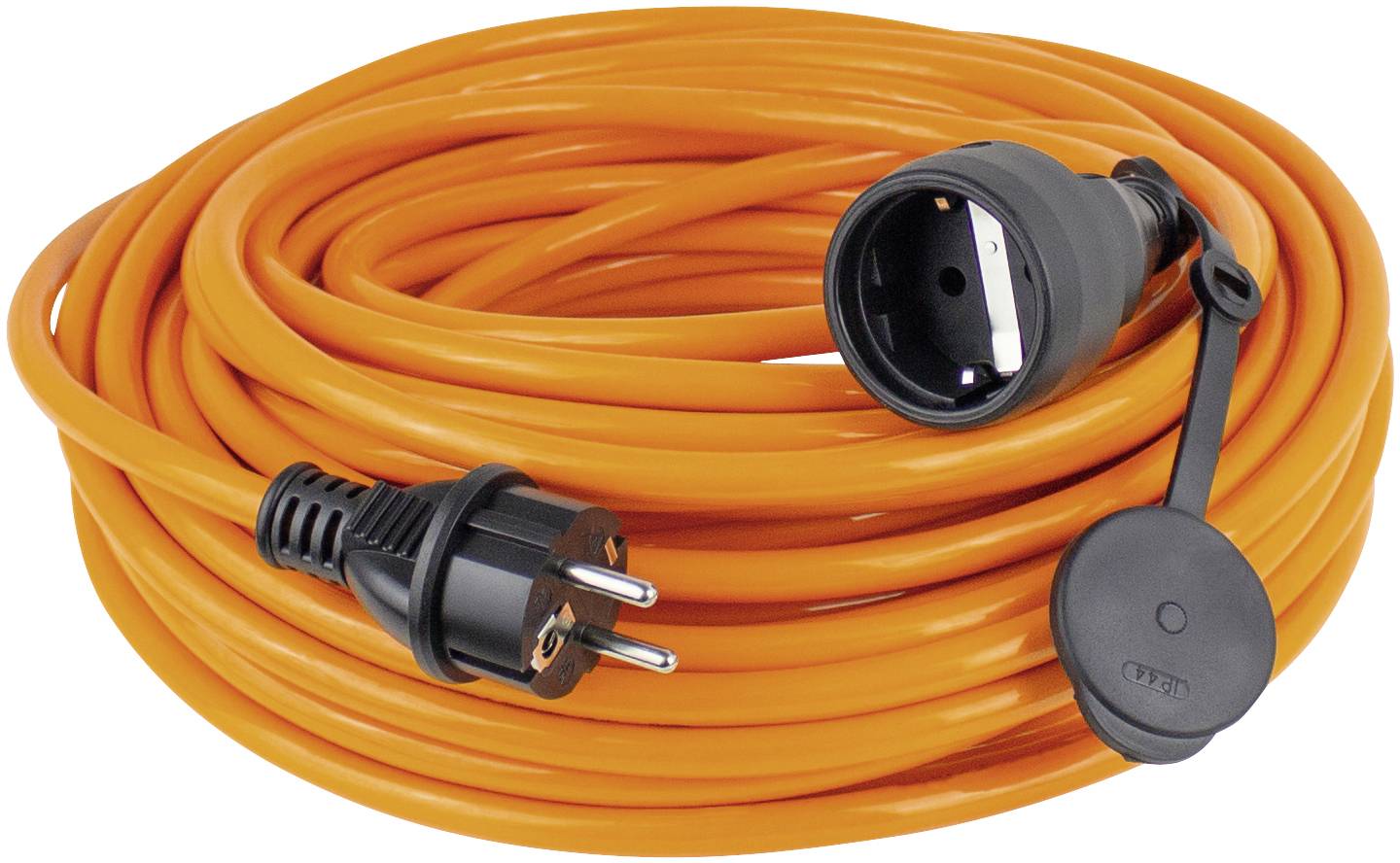 Orange extension lead with European plug and socket, coiled. Suitable for use in the home or garden.