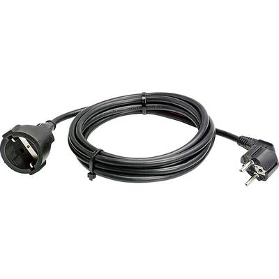 A black network cable with a Schuko plug and a Schuko socket, rolled up and secured with a cable tie.