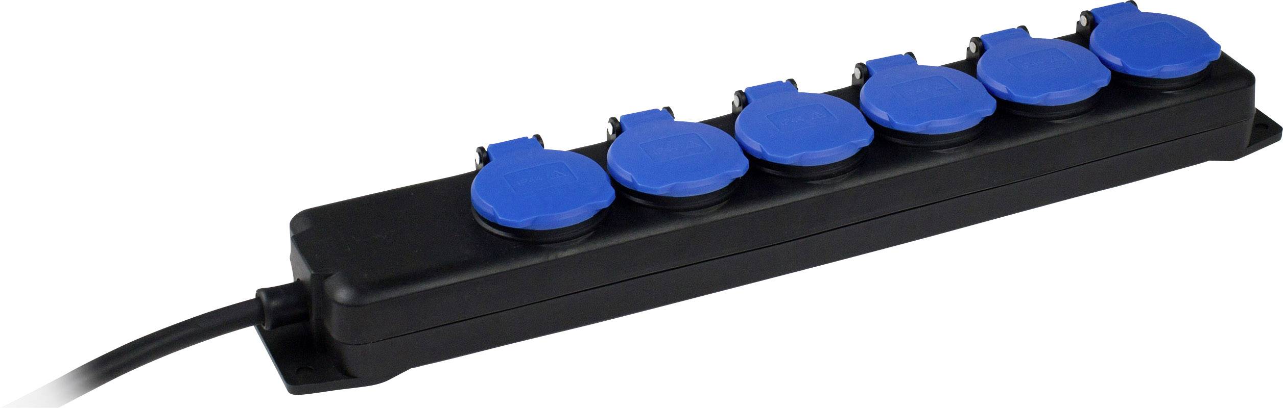 Black power strip with six blue sockets, closed, lying down, cable on the left. Suitable for connecting multiple devices.