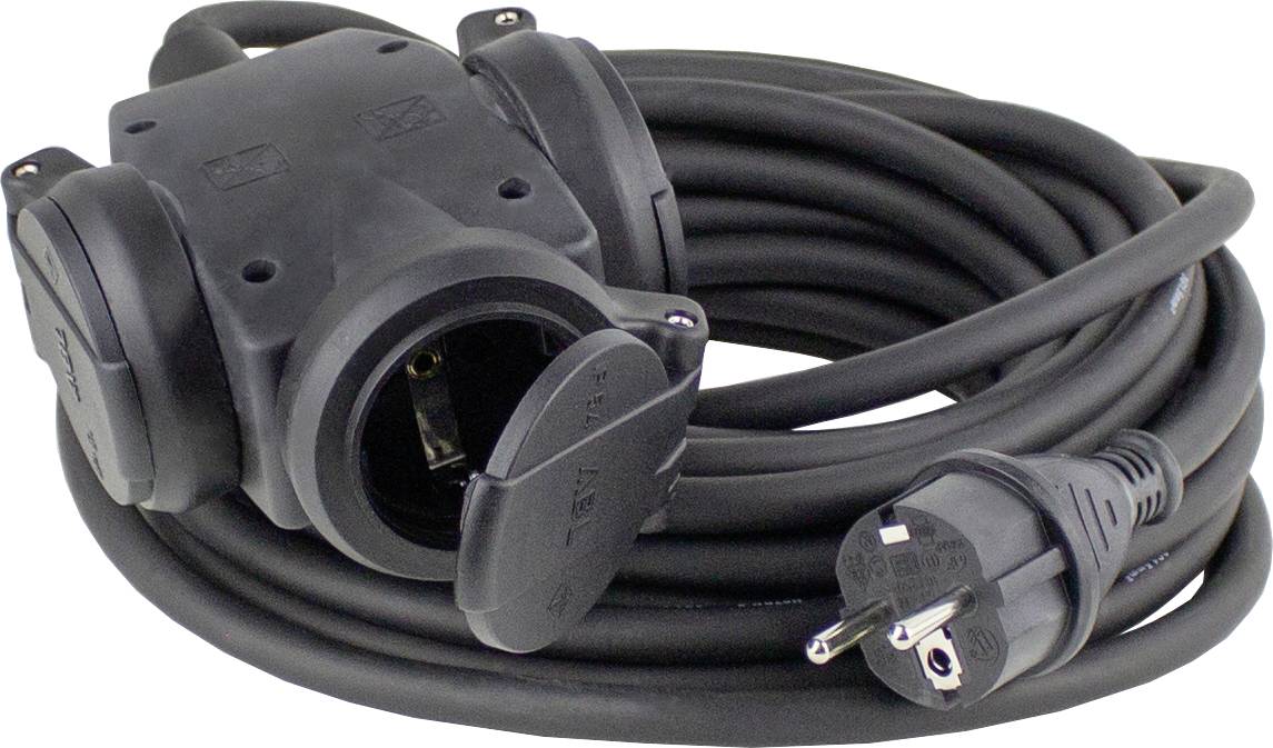 A black extension lead with a Schuko plug and two covered sockets. Suitable for outdoor use.